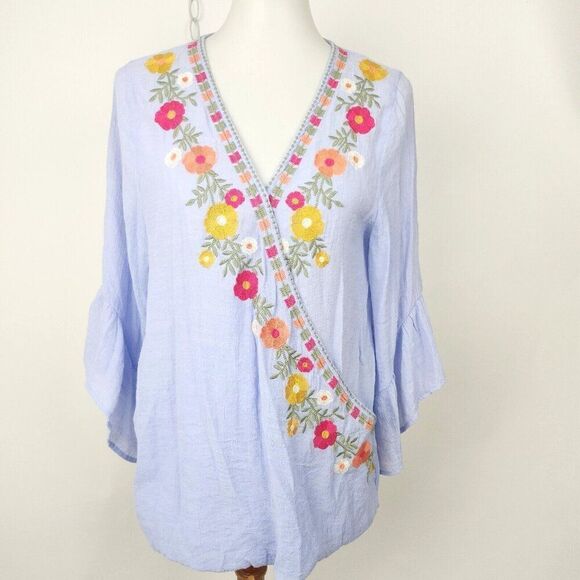 Entro Blue Floral Embroidered Cross Front Ruffle Bell Sleeve Lightweight Top M - Picture 1 of 5